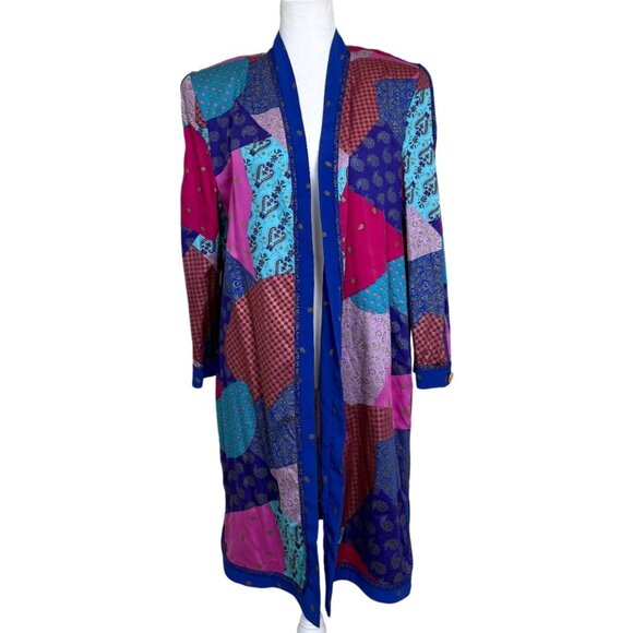 Vintage Jeanne Marc Patchwork Long  Jacket Cardigan Duster 80s Womens Size L - Picture 1 of 8